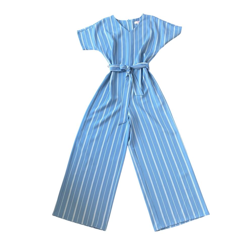 GB Girls Blue White Stripe V-Neck Tie Front Short Sleeve Straight Leg Jumpsuit